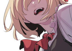 Rule 34 | 1girl, absurdres, black vest, blonde hair, commentary request, head out of frame, highres, kawayabug, open mouth, red neckwear, rumia, sharp teeth, shirt, short hair, simple background, solo, teeth, touhou, vest, white background, white shirt