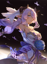 Rule 34 | 1girl, bare shoulders, blue eyes, blue flower, blue rose, blush, bouquet, breasts, bridal veil, cleavage, draph, dress, ecien, elbow gloves, floating hair, flower, gloves, granblue fantasy, hair ornament, hair over one eye, highres, holding, holding bouquet, horns, large breasts, leotard, long hair, looking at viewer, low tied hair, narmaya (granblue fantasy), open mouth, pointy ears, purple hair, rose, smile, solo, strapless, strapless dress, thighhighs, veil, wedding dress, wind