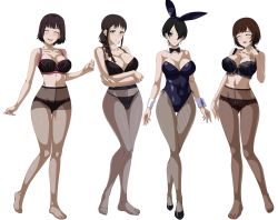Rule 34 | 10s, 4girls, animal ears, black hair, blue eyes, blush, bow, bowtie, bra, braid, breasts, brown eyes, brown hair, cleavage, crotch seam, detached collar, doumoto chiemi, earrings, endou&#039;s wife (shirobako), closed eyes, fake animal ears, feet, fishnet pantyhose, fishnets, hair over one eye, high heels, highres, jewelry, lace, lace-trimmed bra, lace panties, lace trim, large breasts, crossed legs, leotard, lingerie, looking at viewer, multiple girls, no shoes, okitsu yuka, panties, panties under pantyhose, pantyhose, playboy bunny, ponytail, rabbit ears, segawa misato, shirobako, short hair, single braid, standing, thigh gap, thighband pantyhose, underwear, wide hips, wrist cuffs