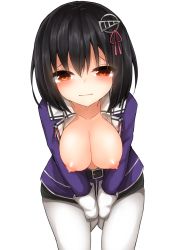 Rule 34 | 10s, 1girl, bad id, bad pixiv id, black hair, breasts, breasts out, brown eyes, cleavage, collarbone, female focus, haguro (kancolle), hair ornament, kantai collection, large breasts, leaning forward, light smile, looking at viewer, mizushina minato, nipples, pantyhose, short hair, simple background, solo, v arms, white background, white pantyhose