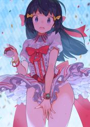 Rule 34 | 1girl, alternate costume, black hair, blue background, blush, bow, bracelet, center frills, collared shirt, covering crotch, covering privates, creatures (company), dawn (pokemon), dress shirt, frills, game freak, hair bow, hair ornament, highres, holding, jewelry, layered skirt, long hair, looking at viewer, nintendo, open mouth, panties, poke ball, poke ball (basic), pokemon, pokemon bdsp, puffy short sleeves, puffy sleeves, red bow, shiny skin, shirt, short sleeves, skirt, skirt tug, solo, spring2013, striped, sweat, underwear, white panties, white skirt, wind, wind lift