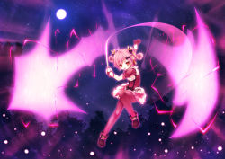 Rule 34 | 1girl, action, black bow, boots, bow, daisy (flower knight girl), dmm, floating, flower knight girl, gloves, hair bow, hair ornament, holding, holding sword, holding weapon, long hair, looking at viewer, magic, moon, multiple hair bows, night, night sky, pantyhose, pink gloves, pink hair, pink pantyhose, red eyes, short sleeves, sky, solo, star (sky), sword, tree, twintails, weapon, yuku (kiollion)