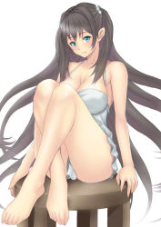 Rule 34 | 1girl, aqua eyes, bare shoulders, barefoot, blush, breasts, brown hair, cleavage, dress, full body, large breasts, long hair, looking at viewer, muffin (sirumeria), original, simple background, sitting, solo, stool, sundress, white background