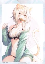 Rule 34 | 1girl, absurdres, animal ears, bare shoulders, barefoot, black bra, blonde hair, blue eyes, blue jacket, bra, breasts, cat day, cat ears, cat girl, cat tail, cleavage, collarbone, food, front-tie bra, hand up, heterochromia, highres, jacket, lingerie, long sleeves, looking at viewer, medium breasts, mouth hold, off shoulder, open clothes, open jacket, original, scan, short hair, sitting, solo, stomach, tail, tail raised, taiyaki, toosaka asagi, underwear, wagashi, yellow eyes