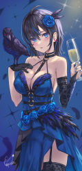 Rule 34 | 1girl, absurdres, bare shoulders, between breasts, bird, bird on hand, black gloves, black hair, black thighhighs, blue background, blue dress, blue eyes, blue flower, blue hair, blue rose, blush, breasts, cleavage, collarbone, cowboy shot, crow, cup, dress, drink, drinking glass, enporion, feather hair ornament, feathers, fingernails, flower, garter straps, gloves, hair flower, hair ornament, hand on own hip, highres, holding, holding cup, large breasts, layered dress, looking at viewer, multicolored hair, nail polish, o-ring, original, parted lips, rose, short hair, signature, simple background, single glove, sleeveless, sleeveless dress, smile, solo, streaked hair, thighhighs, two-tone hair