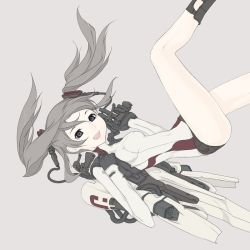Rule 34 | 1girl, :d, ass, black socks, blush, brown hair, covered navel, falling, grey background, kazuoki, kneehighs, leotard, looking at viewer, machinery, open mouth, original, simple background, skin tight, smile, socks, solo, twintails