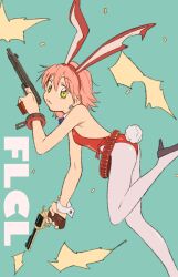 Rule 34 | 1girl, :3, animal ears, bandolier, breasts, dual wielding, fake animal ears, fake tail, flcl, gun, handgun, haruhara haruko, high heels, highres, holding, leotard, looking at viewer, pantyhose, pink hair, playboy bunny, rabbit ears, rabbit tail, red leotard, revolver, semham, short hair, small breasts, solo, tail, weapon, weapon request, white pantyhose, yellow eyes