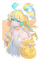 Rule 34 | 1girl, :3, absurdres, amakawa hano, aqua eyes, aqua hair, blonde hair, blush, closed mouth, dress, hair between eyes, hair ornament, highres, jacket, long hair, long sleeves, looking at viewer, multicolored hair, off shoulder, open clothes, open jacket, re:act, simple background, sleeveless, sleeveless dress, sleeves past wrists, solo, spmkwy, star (symbol), star hair ornament, two-tone background, virtual youtuber, white dress, yellow jacket