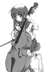 Rule 34 | 1girl, bow (music), cello, double bass, greyscale, holding, holding bow (music), instrument, monochrome, pleated skirt, school uniform, serafuku, skirt, solo