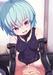 Rule 34 | 1boy, 1girl, :d, arm support, bar censor, blue hair, breasts, censored, clothed female nude male, clothed sex, clothing aside, commission, cum, cum in pussy, frame arms girl, girl on top, head tilt, hetero, highres, hresvelgr, joints, lolicom, looking down, medium breasts, nude, one-piece swimsuit, open mouth, cum overflow, pov, purple eyes, pussy, robot joints, sex, short hair, smile, squatting, squatting cowgirl position, swimsuit, swimsuit aside, vaginal