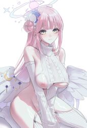 Rule 34 | 1girl, absurdres, angel wings, blue archive, breasts, cropped sweater, detached sleeves, feathered wings, garter straps, hair bun, halo, highres, long hair, looking at viewer, low wings, meme attire, mika (blue archive), nipple slip, nipples, no panties, pink hair, pink halo, revealing clothes, ribbed sleeves, ribbed sweater, ribbed thighhighs, sideboob, single side bun, sitting, sleeveless, sleeveless sweater, sleeveless turtleneck, smile, sweater, turtleneck, turtleneck sweater, virgin destroyer sweater, wariza, white background, white sweater, white wings, wing ornament, wings, yuke (sowon5612)