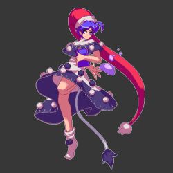Rule 34 | 1girl, black background, black capelet, black dress, book, capelet, closed mouth, doremy sweet, dream soul, dress, full body, hat, holding, holding book, leg up, looking at viewer, nightcap, pixel art, pom pom (clothes), potemki11, purple eyes, purple hair, red hat, short hair, simple background, smile, solo, tail, tapir tail, touhou, two-tone dress, white dress
