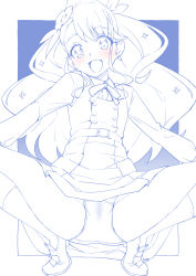 Rule 34 | 1girl, :d, blue theme, collared dress, commentary request, crotch seam, cure grace, dress, flower, hair flower, hair ornament, hanadera nodoka, healin&#039; good precure, highres, loafers, long hair, long sleeves, looking at viewer, miyagoe yoshitsuki, monochrome, neck ribbon, open mouth, outside border, pleated dress, precure, pussy juice, ribbon, school uniform, shoes, short dress, smile, socks, solo, spot color, spread legs, squatting, sukoyaka middle school uniform
