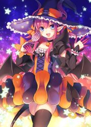 Rule 34 | &gt;:d, 1girl, :d, bat wings, black thighhighs, blue eyes, blush, candy, choker, demon horns, demon tail, detached sleeves, dress, elizabeth bathory (fate), elizabeth bathory (fate/extra ccc), elizabeth bathory (fate/grand order), elizabeth bathory (halloween caster) (fate), fang, fate/grand order, fate (series), food, frills, hair between eyes, halloween, hat, holding, holding food, horns, lollipop, long hair, open mouth, palms, pink hair, pointy ears, smile, solo, star (symbol), striped clothes, striped dress, tail, thighhighs, toosaka asagi, v-shaped eyebrows, vertical-striped clothes, vertical-striped dress, wings, witch hat, zettai ryouiki