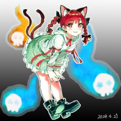Rule 34 | 1girl, adjusting clothes, animal ear fluff, animal ears, black footwear, blush, braid, bright pupils, cat ears, cat tail, dated, dress, frills, ghost, gradient background, green dress, hitodama, kaenbyou rin, katasumi, looking at viewer, multiple tails, nail polish, open mouth, red eyes, red hair, red nails, red ribbon, ribbon, skull, smile, striped clothes, tail, touhou, twin braids, two tails, white pupils