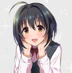 Rule 34 | 1girl, ahoge, black hair, blush, brown eyes, commentary request, head rest, highres, idolmaster, idolmaster cinderella girls, idolmaster cinderella girls starlight stage, kohinata miho, looking at viewer, natsuya (natuya777), open mouth, school uniform, shirt, short hair, smile, solo, sweater vest, white shirt