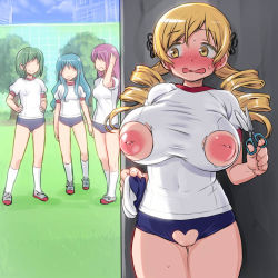 Rule 34 | 10s, 4girls, 774 (nanashi), bad id, bad pixiv id, blonde hair, blue hair, blush, breasts, buruma, clothing cutout, crotchless, day, drill hair, embarrassed, exhibitionism, green hair, gym uniform, heart, heart cutout, huge breasts, inverted nipples, long hair, mahou shoujo madoka magica, mahou shoujo madoka magica (anime), multiple girls, nippleless clothes, nipples, pink hair, public indecency, pussy, revealing layer, scissors, shirt, short hair, small breasts, sweat, taut clothes, taut shirt, tomoe mami, twin drills, twintails, uncensored, yellow eyes