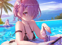 Rule 34 | 1boy, 2girls, arched back, arm strap, artist name, ass, bare arms, bare shoulders, bikini, black bikini, blue hair, blue sky, blurry, blurry background, bob cut, bracelet, breasts, cleavage, cloud, cloudy sky, collarbone, cup, disposable cup, drink, drinking straw, flock, front-tie bikini top, front-tie top, hair ornament, hair over one eye, halterneck, hand on own face, hand up, holding, holding cup, horizon, iced tea, jewelry, large breasts, leaning on object, looking at another, looking at viewer, mitsu (mitsu art), mountainous horizon, multiple girls, nail polish, natsuki subaru, ocean, open mouth, outdoors, palm tree, pool, poolside, purple ribbon, ram (re:zero), re:zero kara hajimeru isekai seikatsu, red eyes, reflection, reflective water, rem (re:zero), ribbon, ribbon-trimmed bikini, ribbon-trimmed clothes, ribbon trim, short hair, siblings, sisters, sky, small breasts, swimsuit, tassel, tree, twins, water, x hair ornament