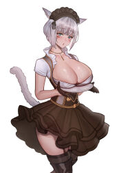 Rule 34 | 1girl, animal ears, black dress, black gloves, black headdress, boots, breast rest, breasts, breasts on tray, carried breast rest, carrying, cat ears, cat tail, center opening, commentary request, covered erect nipples, dress, eyebrows hidden by hair, feet out of frame, final fantasy, final fantasy xiv, frilled dress, frills, garter belt, gloves, green eyes, head tilt, highres, holding, holding trail, holding tray, jewelry, large breasts, light blush, looking at viewer, miqo&#039;te, necklace, open mouth, partial commentary, short hair, skindentation, solo, tail, thigh boots, tray, two-tone dress, udongo99, warrior of light (ff14)