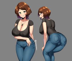 Rule 34 | 1girl, big hero 6, breasts, brown hair, cass hamada, cleavage, denim, green eyes, hands on own knees, highres, jeans, jewelry, large breasts, leaning forward, looking at viewer, multiple views, necklace, open mouth, pants, short sleeves, simple background, smile, sole gem, solo, standing