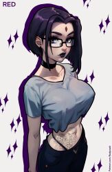 Rule 34 | 1girl, absurdres, ai-assisted, black choker, black hair, black lips, bob cut, breasts, choker, crop top, dc comics, glasses, goth fashion, highres, large breasts, looking at viewer, purple eyes, raven (dc), redpostit, tattoo, teen titans