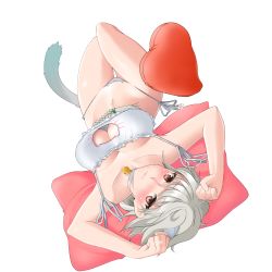 Rule 34 | 10s, 1girl, animal ears, bell, blush, bra, braid, breasts, brown eyes, cat ear panties, cat ears, cat lingerie, cat tail, choker, cleavage cutout, clothing cutout, colored eyelashes, embarrassed, hair ornament, heart, heart-shaped pillow, highres, jewelry, jingle bell, kantai collection, kemonomimi mode, koakuma juno, large breasts, long hair, meme attire, navel, neck bell, panties, paw pose, pillow, ring, side-tie panties, silver hair, single braid, solo, tail, thigh gap, underwear, underwear only, unryuu (kancolle), upside-down, very long hair, wedding band, wedding ring, white bra, white panties, yellow eyes