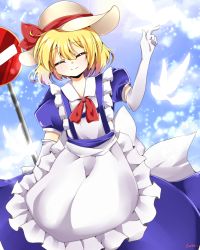 Rule 34 | 1girl, ^ ^, apron, back bow, bird, blonde hair, blue dress, bow, closed eyes, closed mouth, collared dress, commentary request, cowboy shot, dove, dress, elbow gloves, frilled apron, frilled dress, frills, gloves, happy, hat, hat bow, head tilt, holding, holding sign, kana anaberal, no parking sign, puffy short sleeves, puffy sleeves, red bow, red ribbon, ribbon, road sign, seiya (snxmari), short hair, short sleeves, sign, smile, sun hat, touhou, touhou (pc-98), waist apron, white apron, white bird, white bow, white gloves, white headwear