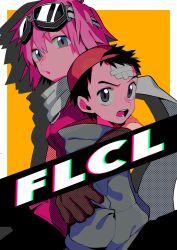Rule 34 | 1boy, 1girl, age difference, arm around shoulder, backwards hat, bandaged head, bandages, baseball cap, blue hoodie, breasts, brown gloves, child, commentary, couple, english commentary, flcl, gloves, goggles, goggles on head, haruhara haruko, hat, hetero, highres, hood, hoodie, looking at viewer, medium breasts, menma (enaic31), nandaba naota, onee-shota, pink hair, scarf, short hair, teeth, yellow background