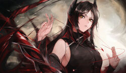 Rule 34 | + +, 1girl, absurdres, arknights, bare shoulders, black hair, breasts, clothing cutout, demon girl, demon horns, dress, grey cloak, highres, holding, holding weapon, horns, ines (arknights), large breasts, long hair, looking at viewer, shoulder cutout, sleeveless turtleneck dress, solo, talz, very long hair, weapon, wire, yellow eyes