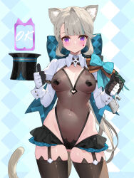 Rule 34 | 1girl, adapted costume, animal ear fluff, animal ears, bow, breasts, cameltoe, cat ears, cat girl, cat tail, closed mouth, facial mark, genshin impact, gloves, grey hair, highres, leotard, long hair, long sleeves, lynette (genshin impact), medium breasts, navel, pasties, purple eyes, see-through, see-through leotard, solo, star (symbol), star facial mark, tail, waterring