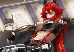 Rule 34 | 2girls, ahoge, belt, black belt, black gloves, black jacket, black pants, blush, breasts, cleavage, closed mouth, commentary, couch, cropped jacket, crotch plate, elbow rest, enpera, fingerless gloves, gloves, goddess of victory: nikke, grin, hair between eyes, head-mounted display, highres, horns, indoors, jacket, kuremon, large breasts, leather, leather jacket, leather pants, long hair, long sleeves, looking at another, mechanical horns, midriff, multiple girls, navel, on couch, pants, red hair, red hood (nikke), red scarf, scarf, sidelocks, sitting, smile, snow white (innocent days) (nikke), snow white (nikke), suspenders, teeth, unzipped, white hair, yellow eyes