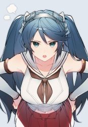 Rule 34 | 1girl, angry, bad id, bad twitter id, blue eyes, blue hair, breasts, brown neckerchief, collarbone, commentary request, detached sleeves, grey background, hands on own hips, highres, isuzu (kancolle), isuzu kai ni (kancolle), kantai collection, large breasts, leaning forward, long hair, looking at viewer, navel, neckerchief, open mouth, pleated skirt, ponko (damachida), red skirt, sailor collar, sailor shirt, shirt, simple background, skirt, sleeveless, sleeveless shirt, solo, standing, twintails, white sailor collar, white shirt