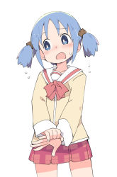 Rule 34 | 1girl, blue eyes, blue hair, blush, bow, bowtie, cube hair ornament, frown, hair ornament, head tilt, ixy, long sleeves, looking down, looking to the side, naganohara mio, nichijou, open mouth, own hands together, plaid, plaid skirt, red bow, red skirt, sailor collar, school uniform, shirt, short hair, short twintails, shy, simple background, skirt, solo, standing, sweat, sweatdrop, tokisadame school uniform, twintails, upper body, white background, yellow shirt