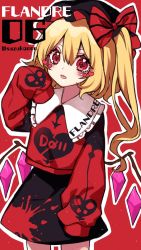 Rule 34 | 1girl, :p, alternate color, alternate costume, black hat, black skirt, blonde hair, blush, bow, character name, clothes writing, cowboy shot, crystal, flandre scarlet, hair between eyes, hat, hat bow, heart, highres, kyouda suzuka, laevatein, long hair, mob cap, red background, red bow, red eyes, red sweater, side ponytail, simple background, skirt, sleeves past fingers, sleeves past wrists, solo, sweater, symbol-shaped pupils, tongue, tongue out, touhou, twitter username, wings