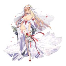 Rule 34 | 1girl, artist request, blonde hair, bouquet, breasts, bridal veil, cleavage, covered navel, detached collar, dress, final gear, flower, full body, green eyes, hair ribbon, hairband, highres, lace, lace-trimmed legwear, lace trim, large breasts, light smile, long dress, long hair, long legs, official art, parted lips, petals, ribbon, side slit, sidelocks, solo, standing, strapless, strapless dress, taysia graft (final gear), thighhighs, transparent background, veil, wedding dress, white dress, white thighhighs, wrist cuffs