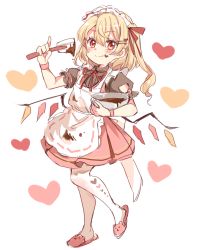 Rule 34 | 1girl, alternate costume, apron, black shirt, blonde hair, blush, chocolate, closed mouth, collared shirt, crystal, dress, enmaided, flandre scarlet, frilled sleeves, frills, full body, hair between eyes, heart, highres, holding, looking at viewer, maid, maid apron, maid headdress, medium hair, mixing bowl, neck ribbon, one side up, paragasu (parags112), puffy short sleeves, puffy sleeves, red dress, red eyes, red footwear, red ribbon, ribbon, shirt, short sleeves, simple background, slippers, smile, solo, standing, standing on one leg, touhou, white apron, white background, wings