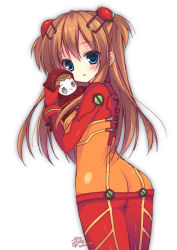 Rule 34 | 00s, 10s, 1girl, 2012, :o, aqua eyes, ass, blue eyes, blush, blush stickers, bodysuit, bracer, breasts, brown hair, butt crack, clothes writing, cowboy shot, curly hair, dated, doll, hugging doll, english text, evangelion: 2.0 you can (not) advance, evangelion: 3.0 you can (not) redo, from side, gloves, hair ornament, hairpods, headgear, holding, hood, interface headset, izumiyuhina, long hair, looking at viewer, looking back, medium breasts, multicolored clothes, neon genesis evangelion, nose blush, hugging object, open mouth, outline, parted bangs, pilot suit, plugsuit, rebuild of evangelion, see-through, sideboob, sidelocks, signature, solo, souryuu asuka langley, standing, surprised, test plugsuit, two side up, white background