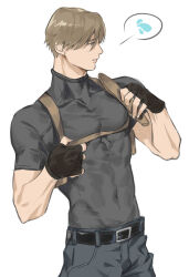 Rule 34 | 1boy, absurdres, adjusting clothes, brown hair, covered abs, curtained hair, fingerless gloves, gloves, highres, holster, large pectorals, leon s. kennedy, male focus, muscular, muscular male, naijarski, pectorals, resident evil, resident evil 4, resident evil 4 (remake), shirt, short hair, shoulder holster, solo, spoken sweatdrop, sweatdrop, t-shirt, tight clothes, tight shirt, turtleneck