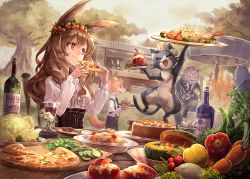 Rule 34 | 1girl, 3boys, ^ ^, ^o^, alcohol, animal, animal ears, arm garter, arms up, ascot, bell pepper, bell pepper slice, black cat, black jacket, blazer, bottle, bowl, broccoli, brown hair, buttons, cabbage, cake, carrot, carrot cake, cat, center frills, chair, chef, chef hat, clam, closed eyes, closed mouth, clothed animal, cocktail pick, collared shirt, commentary request, corset, cucumber, cup, cutting board, day, dearrose, dress shirt, drinking glass, eating, eyelashes, eyes visible through hair, fire, fish, flower, food, food stand, formal, fox, frilled shirt, frills, from behind, from side, front-tie top, furry, grass, hair between eyes, hair over shoulder, happy, hat, head wreath, high collar, holding, holding food, holding knife, holding plate, jacket, juliet sleeves, jumping, kabocha squash, knife, ladle, lion, long hair, long sleeves, looking at another, mini hat, mito itsuki, multiple boys, multiple cats, mushroom, napkin, necktie, orange eyes, original, outdoors, pants, parted bangs, pepper, pizza, pizza slice, plate, puffy sleeves, rabbit ears, radish, raised eyebrows, red kuri squash, rhinoceros, sandwich, scenery, shirt, sitting, skewer, smile, spoon, squash, stool, suit, suspenders, table, toque blanche, tree, underbust, vegetable, walking, wavy hair, white flower, white shirt, wine, wine bottle, wine glass, wing collar, wooden chair, wooden table