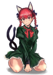 Rule 34 | 1girl, absurdres, animal ear fluff, animal ears, black bow, blush, bow, braid, breasts, cat ears, cat tail, commentary request, dress, extra ears, full body, green dress, hair bow, hair ribbon, highres, juliet sleeves, kaenbyou rin, long hair, long sleeves, looking at viewer, medium breasts, multiple tails, nekomata, petticoat, pointy ears, puffy sleeves, red eyes, red hair, red neckwear, red ribbon, ribbon, seiza, sen (daydream 53), shadow, simple background, sitting, smile, solo, tail, touhou, tress ribbon, twin braids, twintails, two tails, white background