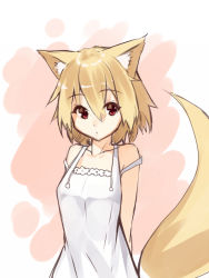 Rule 34 | 1girl, animal ears, arms behind back, bare shoulders, blonde hair, breasts, closed mouth, collarbone, dot nose, dress, fox ears, fox girl, fox tail, hair between eyes, looking at viewer, original, red eyes, short hair, sleeveless, sleeveless dress, small breasts, solo, tail, upper body, white dress, yuuji (yukimimi)