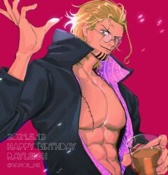 Rule 34 | 1boy, abs, aged down, alcohol, artist name, black coat, blonde hair, character name, closed mouth, coat, cup, dated, drink, facial hair, glasses, goatee, hair slicked back, happy birthday, highres, holding, holding cup, holding drink, large pectorals, male focus, one piece, open clothes, open coat, pectorals, red background, round eyewear, scar, scar across eye, scar on chest, short hair, silvers rayleigh, simple background, solo, twitter username, two-sided coat, two-sided fabric, upper body, vamos mk