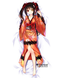 Rule 34 | 10s, 1girl, bed sheet, black hair, breasts, cleavage, clock eyes, dakimakura (medium), date a live, full body, grandia bing, hair ornament, hairclip, heterochromia, japanese clothes, kimono, long hair, looking at viewer, lying, medium breasts, on back, red eyes, smile, solo, symbol-shaped pupils, third-party source, tokisaki kurumi, twintails, yellow eyes