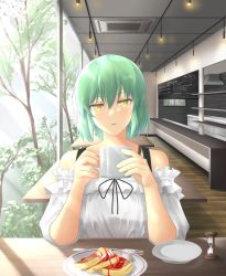 Rule 34 | 1girl, absurdres, arms behind back, bare shoulders, blouse, bra strap, ceiling, cup, day, elbow rest, food, fork, green hair, head tilt, highres, hikage (senran kagura), holding, holding cup, hourglass, indoors, looking at viewer, medium hair, parted lips, plate, senran kagura, shirt, slit pupils, solo, table, upper body, window, wooden floor, yellow eyes, zib (boriku)