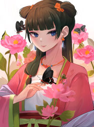 Rule 34 | 1girl, absurdres, black butterfly, black hair, blue eyes, bug, butterfly, butterfly on hand, chinese clothes, earrings, flower, highres, insect, jewelry, kusuriya no hitorigoto, lipstick, looking at viewer, makeup, maomao (kusuriya no hitorigoto), necklace, solo, sparrow89999, upper body