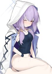 Rule 34 | 1girl, atsuko (blue archive), blue archive, blush, breasts, coat, coat on shoulders, commentary request, fataaa, hair ribbon, halo, highres, hood, hood up, long hair, looking at viewer, low twintails, one-piece swimsuit, one eye closed, purple hair, red eyes, ribbon, simple background, small breasts, solo, swimsuit, twintails, wet, wet clothes, wet swimsuit, white background