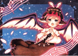 Rule 34 | 1girl, animal ears, beamed quavers, brown eyes, colored pencil (medium), dress, feathers, female focus, hat, marker (medium), mosho, music, musical note, mystia lorelei, night, night sky, open mouth, pink hair, quaver, quaver rest, ribbon, short hair, signature, singing, sky, smile, solo, staff (music), star (symbol), touhou, traditional media, wings