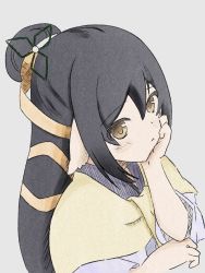 Rule 34 | 1girl, aburahamu, aquaplus, black hair, brown eyes, closed mouth, eyes visible through hair, from above, from side, hair between eyes, hair ornament, hair over one eye, hand on own cheek, hand on own face, head on hand, high ponytail, kuon (utawarerumono), long hair, long sleeves, looking at viewer, ponytail, pout, scarf, sidelocks, solo, upper body, utawarerumono, utawarerumono: itsuwari no kamen, very long hair, yellow scarf