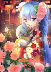 Rule 34 | 1girl, absurdres, blue eyes, blue hair, flower, hair flower, hair ornament, hatsune miku, highres, japanese clothes, kimono, lens flare, long hair, looking at viewer, menghuan tian, pink flower, smile, solo, twintails, upper body, very long hair, vocaloid