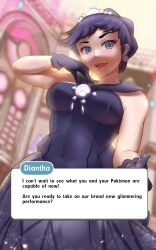 Rule 34 | 1girl, bare arms, black dress, black gloves, black hair, blue eyes, blurry, breasts, character name, commentary request, covered navel, creatures (company), dialogue box, diantha (pokemon), diantha (sygna suit) (pokemon), dress, earrings, english text, eyelashes, game freak, gloves, highres, indoors, jewelry, looking at viewer, medium breasts, negaska, nintendo, official alternate costume, open mouth, pokemon, pokemon masters ex, short hair, smile, solo, teeth, tiara, tongue, upper teeth only